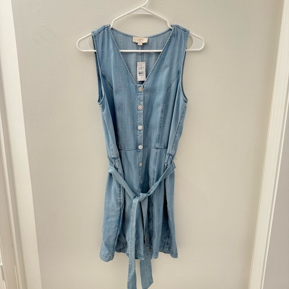 LOFT Romper Button Down Up Blue Chambray XS Belted Summer Fall Autumn Women’s